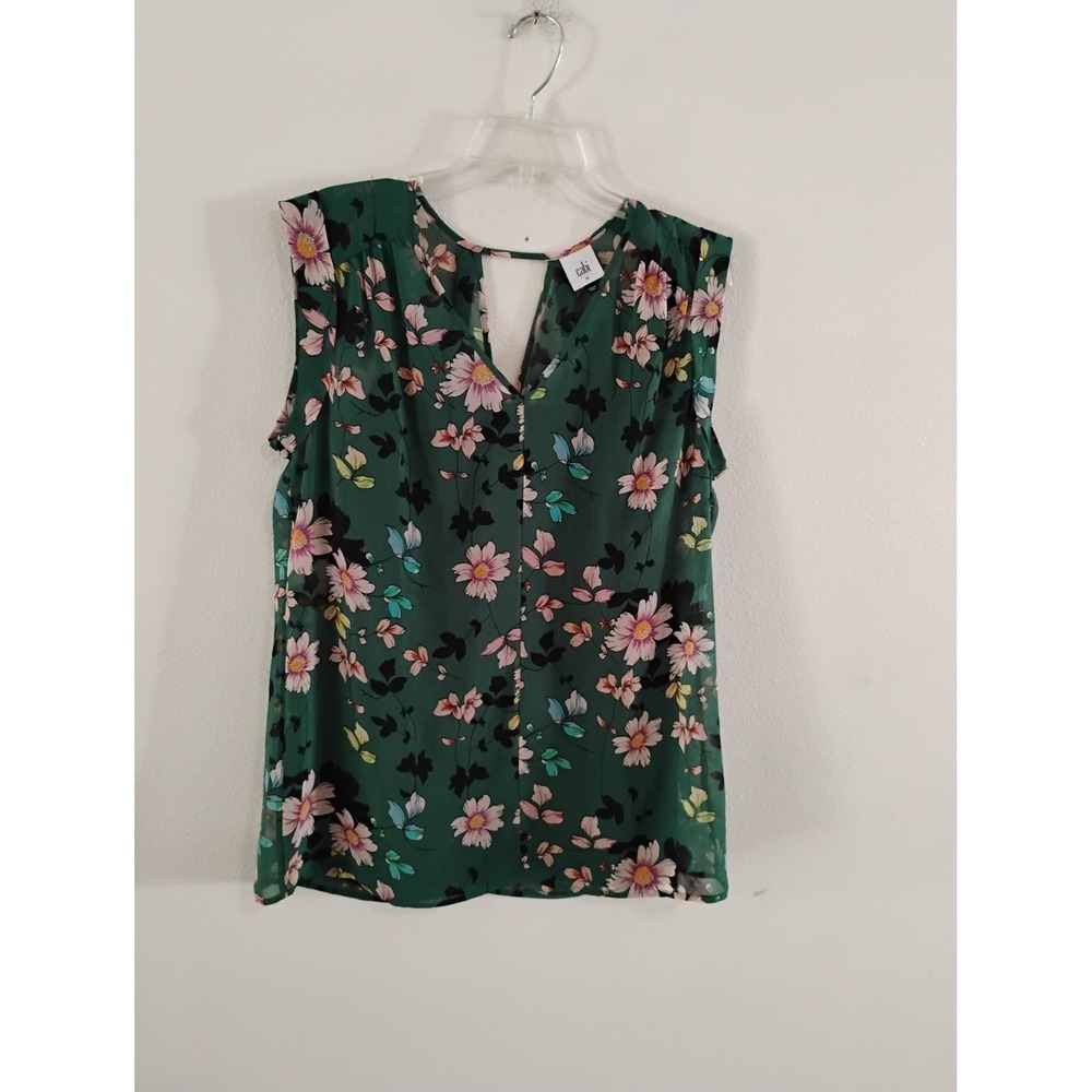 Cabi Green Floral V-Neck Sleeveless Blouse Keyhole Back Top Medium